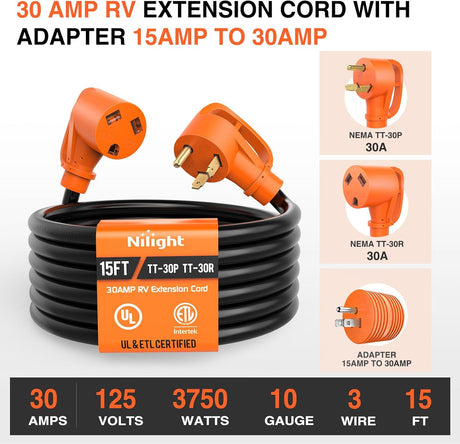 15FT 30 Amp RV Extension Cord with Adapter 15Amp to 30Amp 125V Heavy Duty 10/3 Gauge Pure Copper STW Wire UL ETL Listed 3 Prong TT-30P TT-30R Weatherproof Suit for Generators Campers