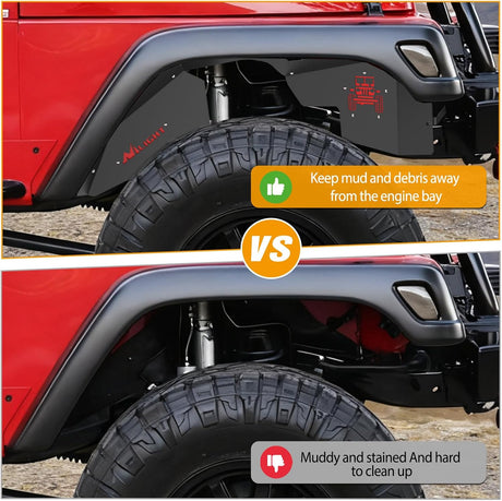 TJ Front Inner Fender Liners Fit for 1997 1998 1999 2000 2001 2002 2003 2004 2005 2006 Jeep Wrangler TJ & LJ, 2PCS Offroad Powder Coated Steel Splash Mud Guard Wheel Well Liner Covers