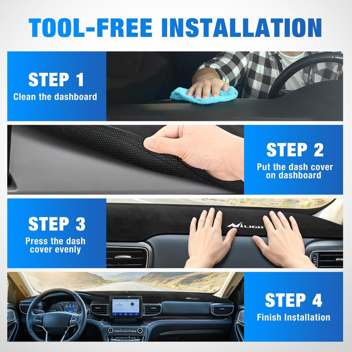 Dash Cover for Ford Explorer 2020 2021 2023 2024, Custom Fit Suede Dashboard Mat Non‑Slip Sunshade Glare Protector Interior Accessories Black