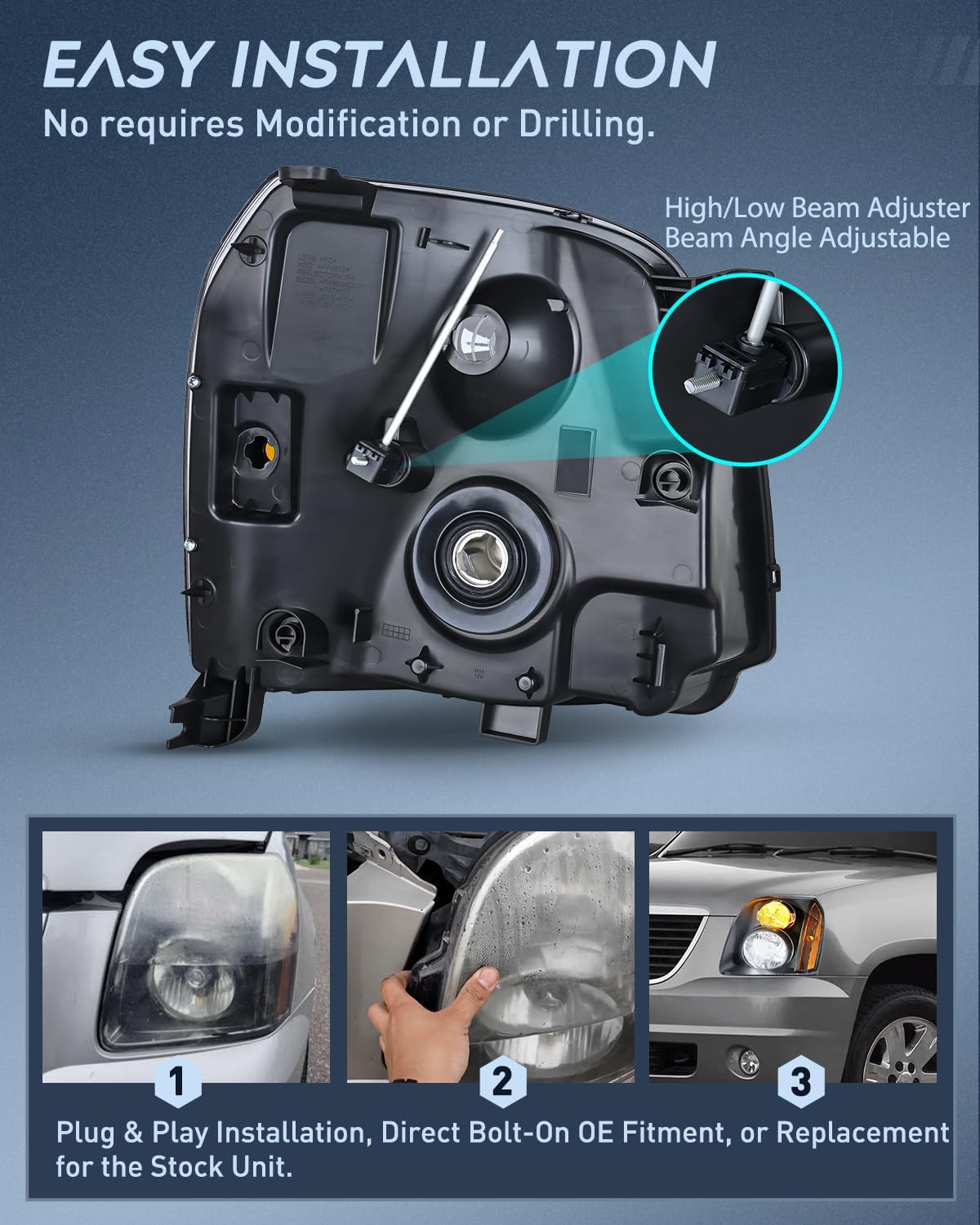 Headlight Assembly Compatible with 2007 2008 2009 2010 2011 2012 2013 2014 GMC Yukon Halogen Type Factory OE Style Replacement Black Housing Amber Reflector Passenger and Driver Side