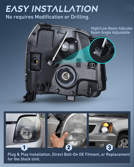 Headlight Assembly Compatible with 2007 2008 2009 2010 2011 2012 2013 2014 GMC Yukon Halogen Type Factory OE Style Replacement Black Housing Amber Reflector Passenger and Driver Side