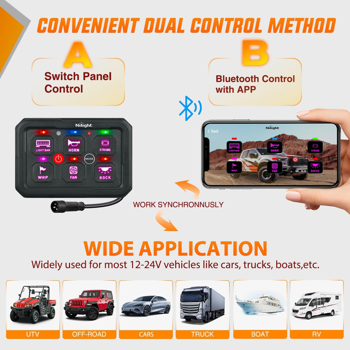 6 Gang Switch Panel Circuit Control Relay System APP RGB Backlight Fuse Wiring Harness Toggle Momentary Strobe Flash Modes Automatic Dimmable 12V 24V ON Off Pod for Car Truck Camper SUV