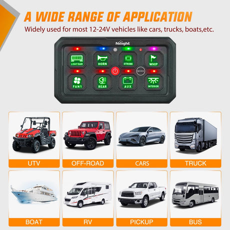 8 Gang Switch Panel Green Circuit Control Relay System with Fuse Wiring Harness Toggle Momentary Strobe Flash Modes Automatic Dimmable ON Off Pod 12V 24V for Car Truck Camper SUV