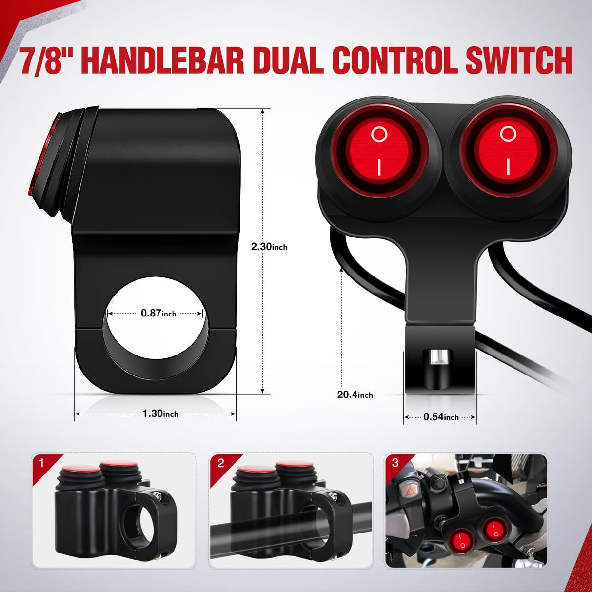 Motorcycle 7/8 Inch (22mm) Handlebar Switch Plug and Play 12V Waterproof On Off Push Button Dual Control for ATV UTV Driving Light Bar