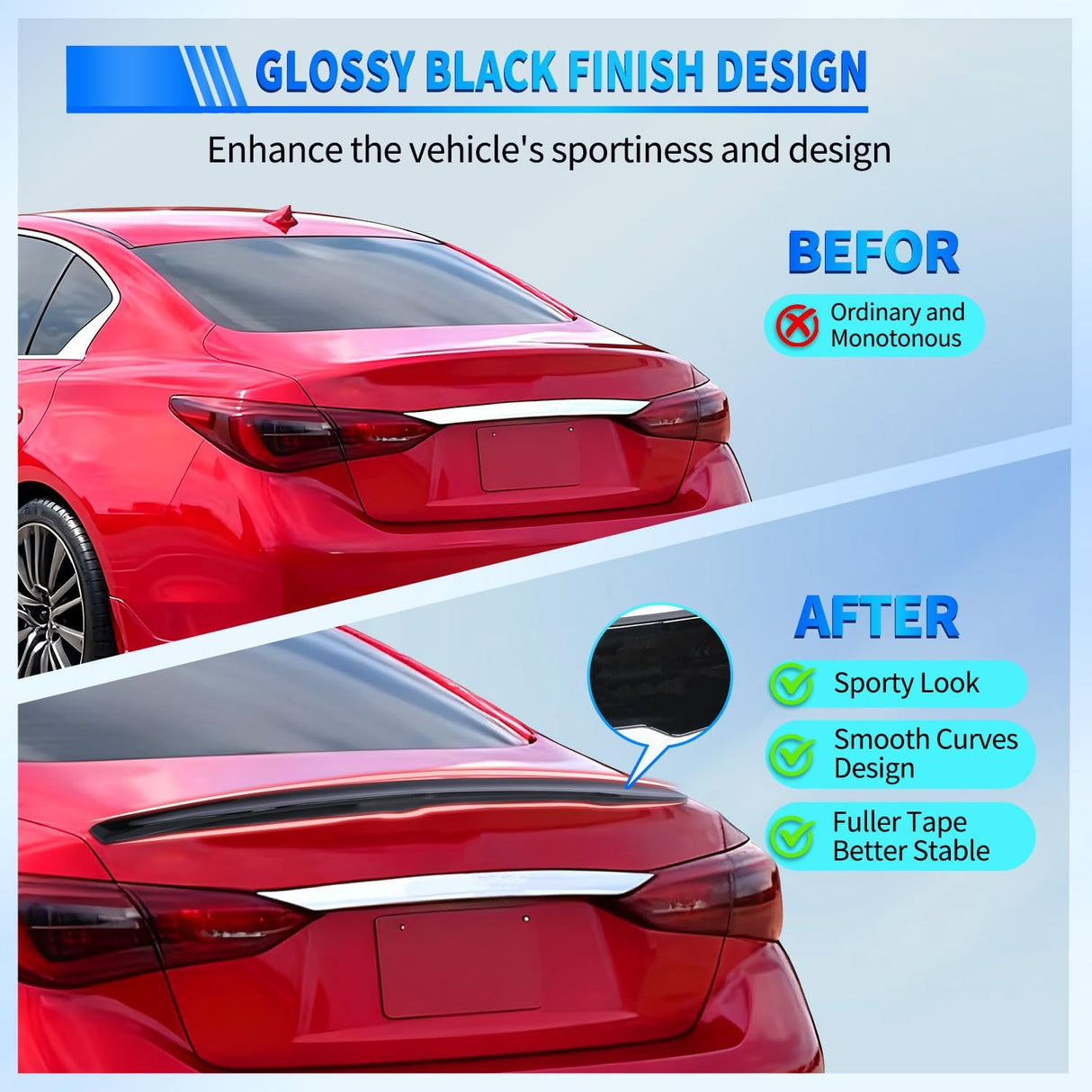 Spoiler Fit for Infiniti Q50 4 Door Sedan 2014 2015 2016 2017 2018 2019 2020 2021 2022 2023 2024 Spoilers for Cars Rear Spoiler Wing ABS Rear Trunk Lip Accessories No-Drill, Glossy Black