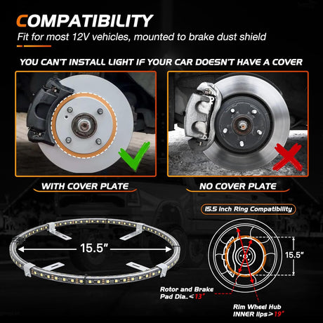 4PCS 15.5inch Double Row LED Wheel Ring Lights Pure White with Remote Control w/Turn Signal Braking and Reverse Function Dual Row for Car Van SUV Truck