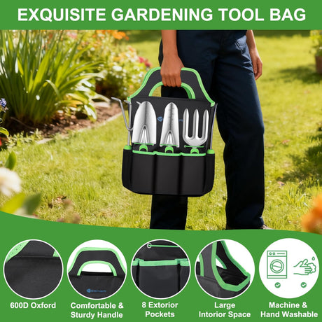 Gardening Tools 7-Piece Heavy Duty Garden Tool Set Gardening Supplies Gifts for Women Men Gardening Hand Tool Kit with Non-Slip Ergonomic Handle, Durable Garden Bag, Pruning Shears, Black Green