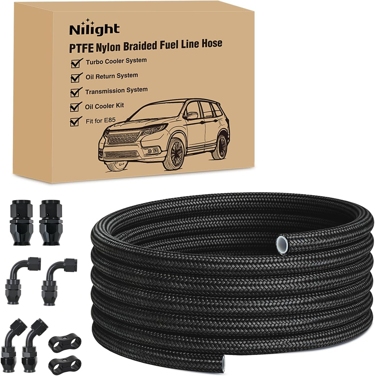 8AN 10FT PTFE Fuel Hose Kit with 8PCS AN8 Fittings&Hose Separators | Fit E85 Nylon Stainless Steel Braided Fuel Hose Universal for Automotive Racing Engines