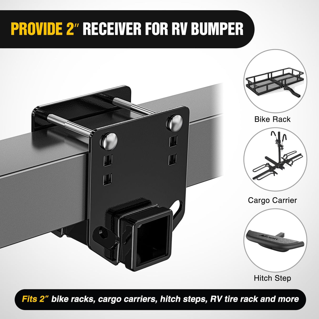 RV Bumper Hitch Receiver, Height Adjustable Trailer Hitch Adapter, 2 Inch Receiver for RV Bumper, Heavy Duty Steel RV Hitch for Cargo Carrier Bike Rack Trailer Towing Ball Mounts