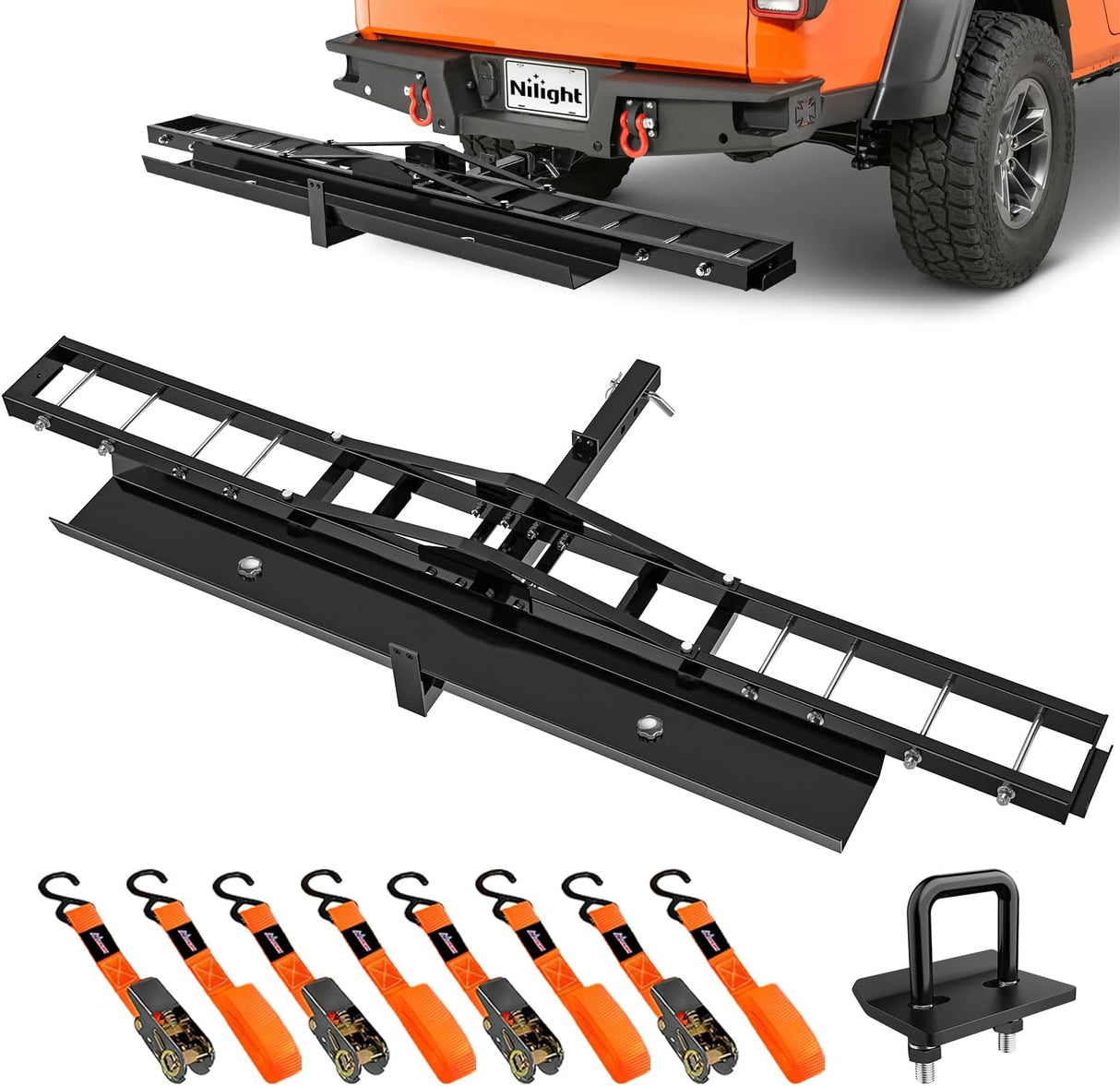 Motorcycle Hitch Carrier 600LBS, Heavy Duty Dirt Bike Hitch Hauler with 55.11 Inch Longer Ramp, Pin, Tie-Down Strap and Tightener, 2 Inch Receiver, 5 Inch Wide Tire