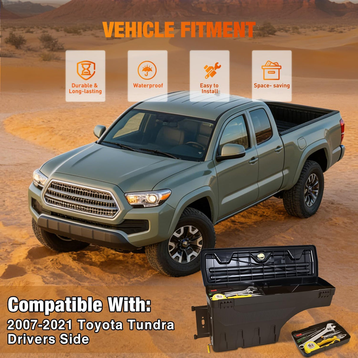 Truck Bed Tool Box Left Drivers Side Truck Tool Box Fit for Toyota Tundra 2007-2021 ABS Swing Case Truck Bed Storage Box with Lockable Lid Waterproof Wheel Well Toolbox Black
