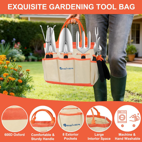 Gardening Tools 9-Piece Heavy Duty Garden Tool Set Gardening Supplies Gifts for Women Men Gardening Hand Tool Kit with Non-Slip Ergonomic Handle, Garden Bag, Durable Gloves and Shears, Orange