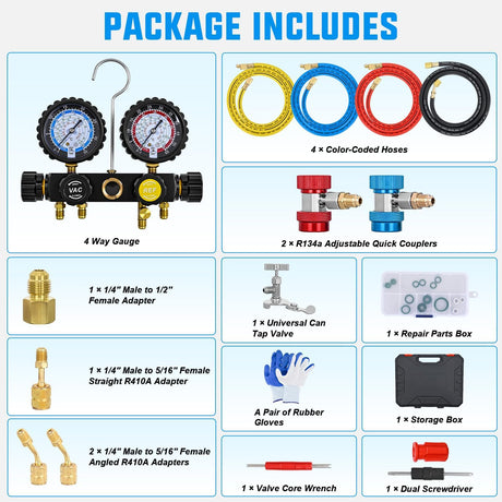 A/C Manifold Gauge Set Fits for R134a R410A R22 R404A 4-Way Auto HVAC Diagnostic Gauges Refrigerant Recharge kit with Adjustable Couplers 5FT Hoses Universal Can Tap