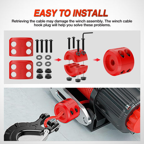 Winch Stopper for ATV UTV Truck SUV Winch Cable Hook Rubber Stopper 2 Pack Protect Towing Hook Synthetic Rope Winch Accessories Rope Line Saver with Stainless Steel Screws Allen Wrenc, Red