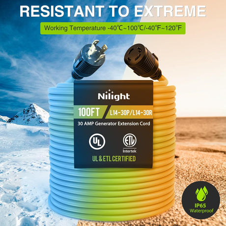 100FT 30Amp Generator Extension Cord 125V Heavy Duty 10/3 Gauge Pure Copper STW Wire UL ETL Listed 4 Prong L14-30P L14-30R Weatherproof Suit for Camper Outdoor Use Bright Green