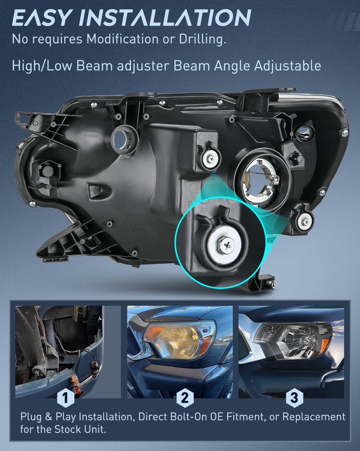 2012-2015 Toyota Tacoma Headlight Assembly Black Housing Amber Reflector Clear Lens Nilight