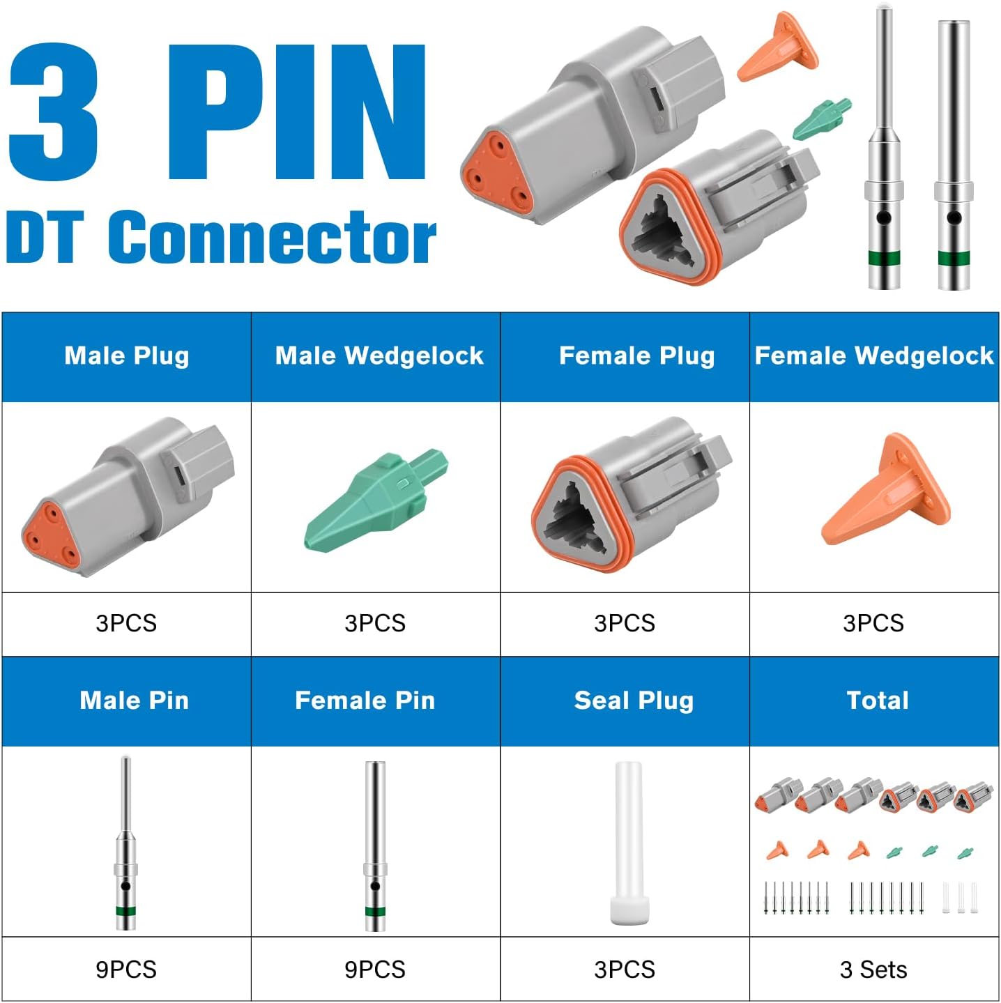3 PIN DT Connector Kit 3 Sets Size 16 Solid Contacts Waterproof Male Female Terminal for 14-20 AWG DT Series Connector nilight