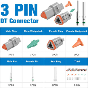 3 PIN DT Connector Kit 3 Sets Size 16 Solid Contacts Waterproof Male Female Terminal for 14-20 AWG DT Series Connector nilight