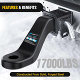 Forged Trailer Hitch Mount Fits 2 Inch Receiver Square 5/8 Inch Hitch Pin Clip 17000 lbs 4 Inch Drop, 1-1/4 Inch Hole, Gloss Black Powder Coat