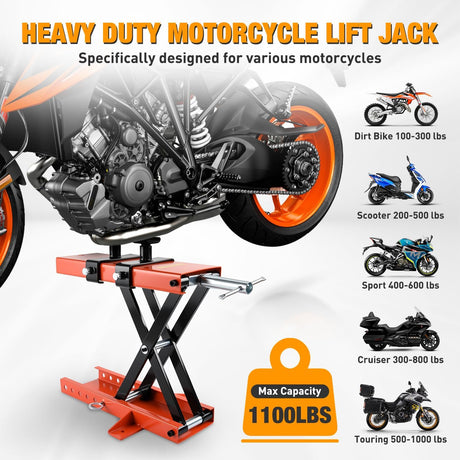 Motorcycle Lift 1100 LBS ATV Scissor Jacks with Saddle Safety Pin Crank Handle 3.7 Inch-15.7 Inch Hoist Stand Heavy Duty Steel Lifter Jack for Motorcycles Dirt Bike Garage Storage Repair Tool, Orange
