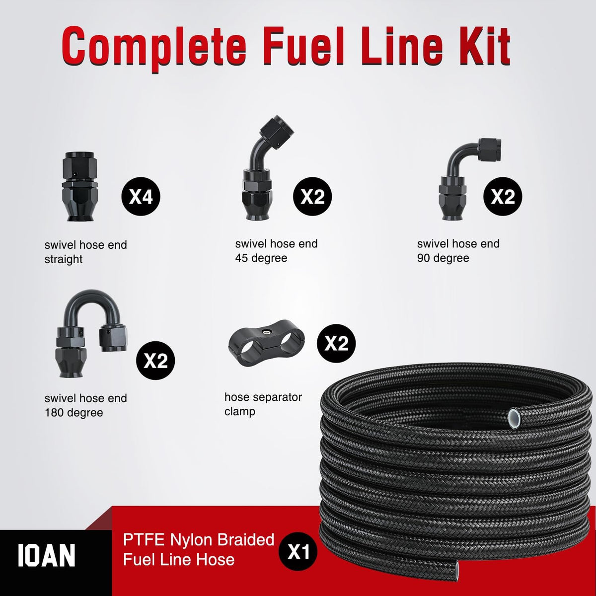 10AN 20FT PTFE Fuel Hose Kit with AN10 Fittings & Hose Separators | Fit E85 Nylon Stainless Steel Braided Fuel Hose with 12PCS Fittings Universal for Automotive Racing Engines