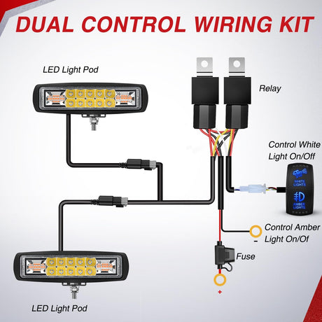 LED Light Pods 2PCS 6 Inch 60W Amber White 3 Lighting Modes Fog Lights Spot Flood Combo Beam with Dual Control 18AWG Wiring Harness for Truck Pickup Golf Cart UTV ATV SUV Boat 4x4 Car