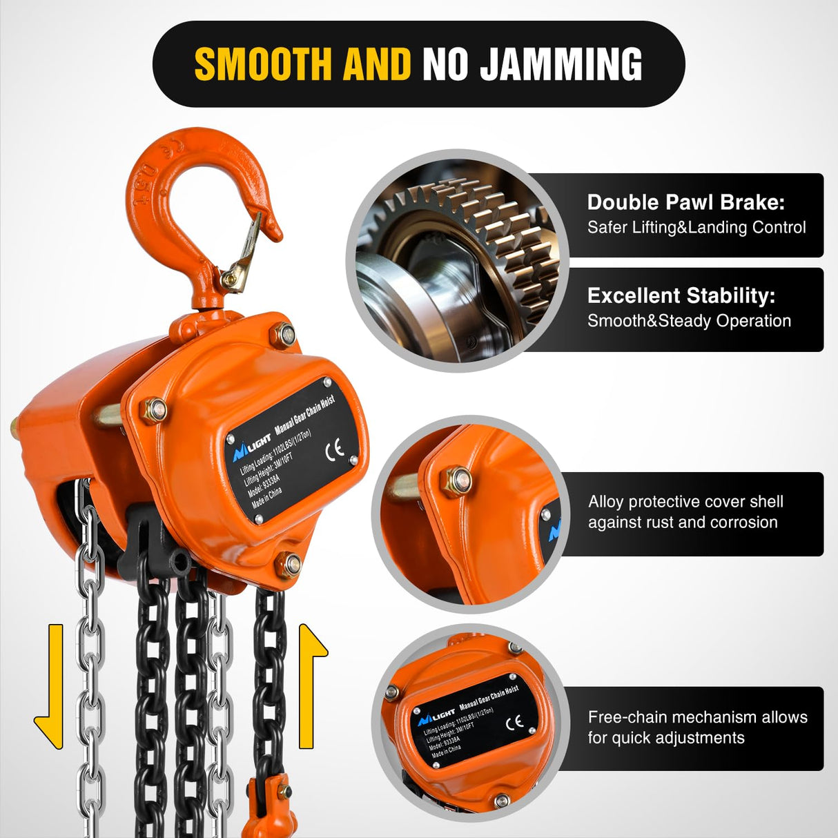 1/2 Ton 1100 lbs Manual Chain Hoist 80 Galvanized Chain 10 ft Lifting Height Industrial Grade Steel Structures for Garages Warehouse Automotive Machinery