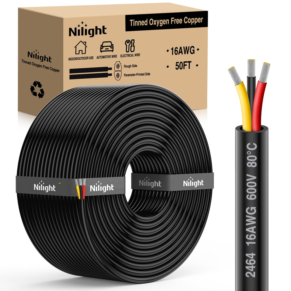50FT 16AWG 3 Conductor Electrical Wire Tinned Oxygen Free Copper Red Black Yellow 3 Wires Parallel 600V DC Flexible PVC Case Extension Cords for LED Strips Lamps Lighting