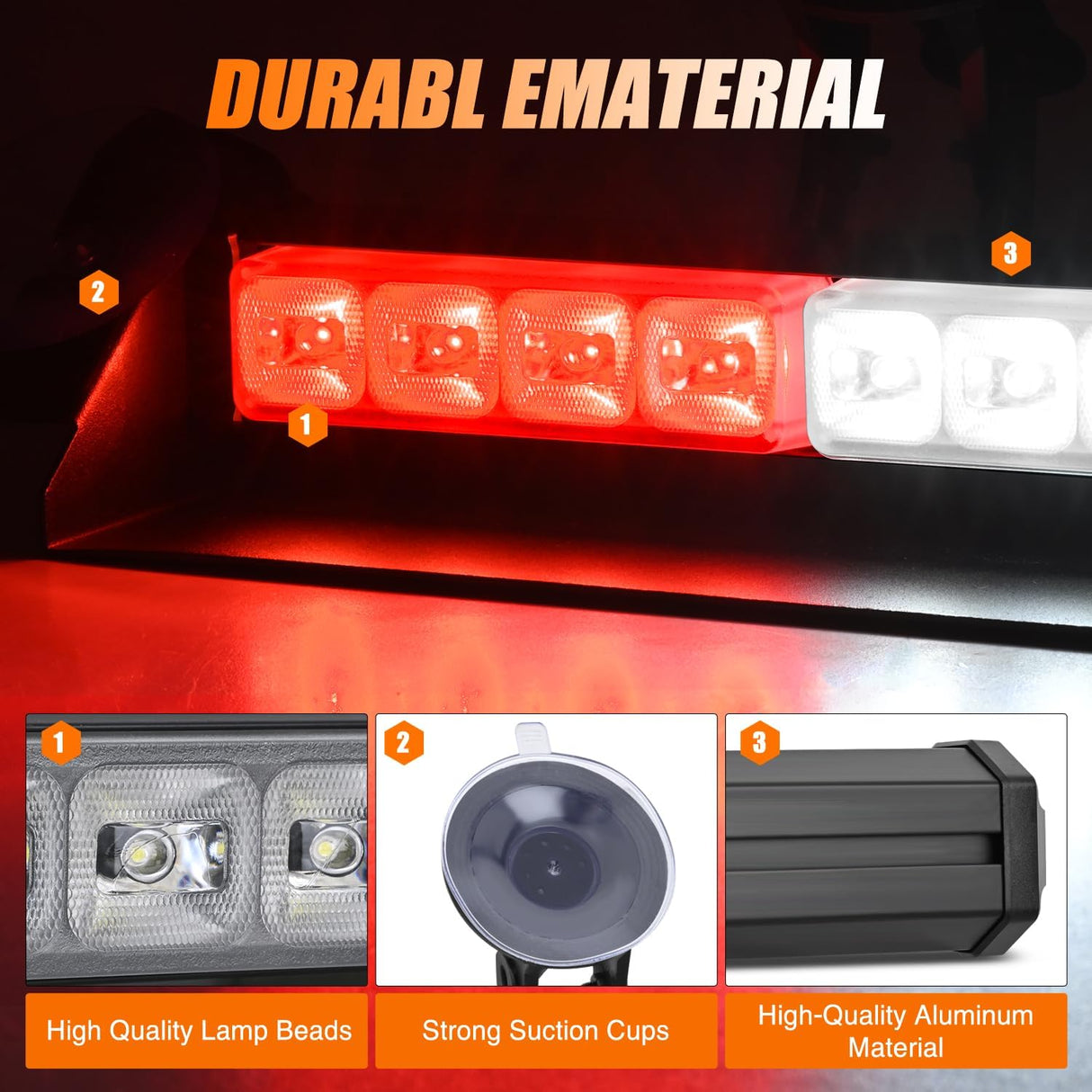 8LED Red White Traffic Advisor Strobe Light Bar Hazard Safety | with Vacuum Suction Emergency Dash Warning Flashing Lights Front/Rear Windshield Visor for Truck Police Construction Vehicles