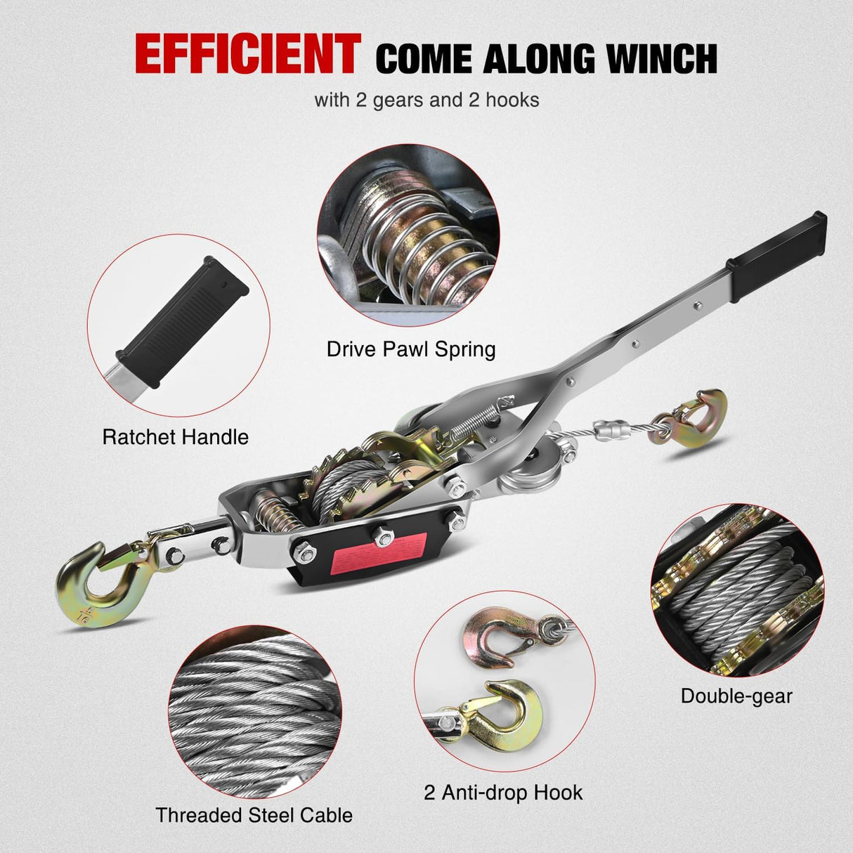Come Along Winch 5 Ton /10,000 Lbs Heavy Duty Come Along Cable Puller Hand Winch Tool with 10 Ft Rope Double Gear 3 Hook for Lifting Pulling Road Vehicle Recovery Automotive Hoist Winch Puller