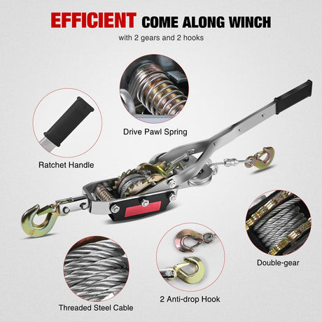 Come Along Winch 5 Ton /10,000 Lbs Heavy Duty Come Along Cable Puller Hand Winch Tool with 10 Ft Rope Double Gear 3 Hook for Lifting Pulling Road Vehicle Recovery Automotive Hoist Winch Puller