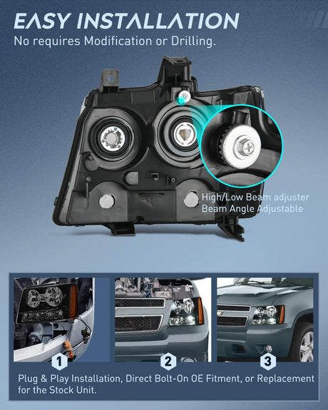 Headlight Assembly for 2007 2008 2009 2010 2011 2012 2013 2014 Chevy Avalanche Tahoe Suburban 1500 2500 Replacement Headlamp Bumper Lamp Set Black Housing Amber Reflector Smoked Lens