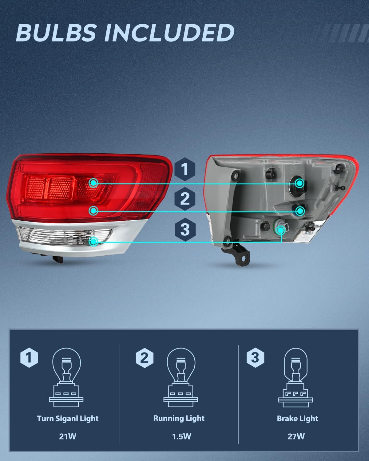 Taillight Assembly Compatible with 2014 2015 2016 2017 2018 2019 2020 Jeep Grand Cherokee Laredo/Limited/Overland/Summit Tail Lights Outer Passenger Side w/Bulbs