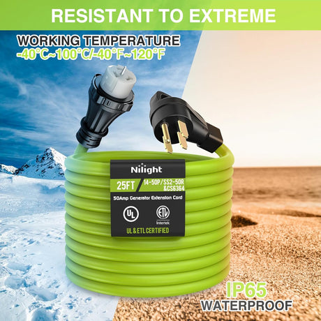 25FT 50 Amp Generator Extension Cord 250V Heavy Duty 6/3+8/1 Gauge Pure Copper STW Wire ETL Listed 4 Prong 14-50P SS2-50R&CS6364 Suit for RV Camper Outdoor Use Bright Green
