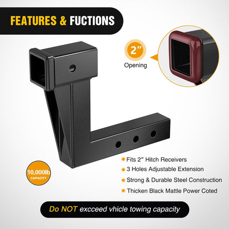 Trailer Hitch Extension Riser for 2 Inch Receiver with 8 Inch Rise or Drop with Bolt Nut Clip 10,000 lbs Capacity Adjustable Extend 4.7 Inch 6.7 Inch 8.6 Inch Length Black Coated for Class I-VI Receivers