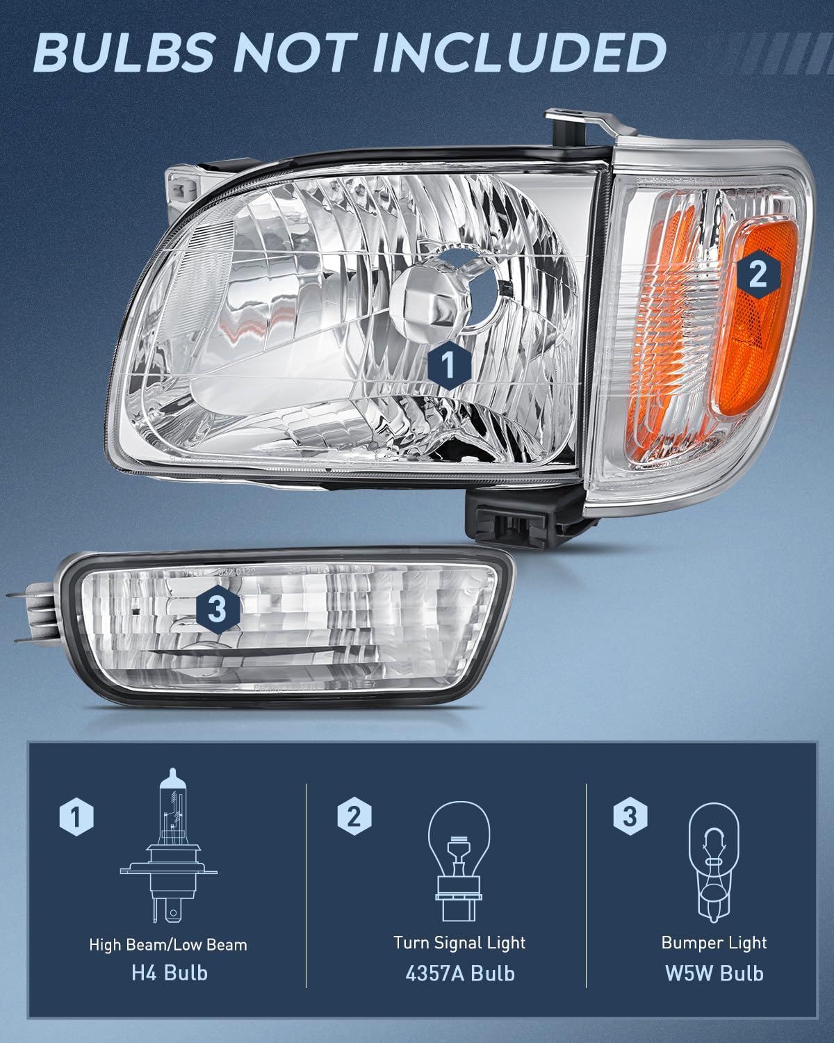 Headlight and Taillight Assembly Combo Compatible with 2001 2002 2003 2004 Toyota Tacoma OE Style Chrome Housing Amber Reflector with Red Housing Tail Lights