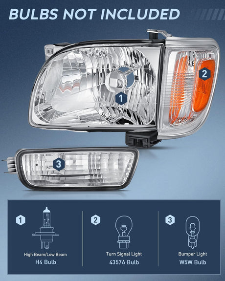 Headlight and Taillight Assembly Combo Compatible with 2001 2002 2003 2004 Toyota Tacoma OE Style Chrome Housing Amber Reflector with Red Housing Tail Lights