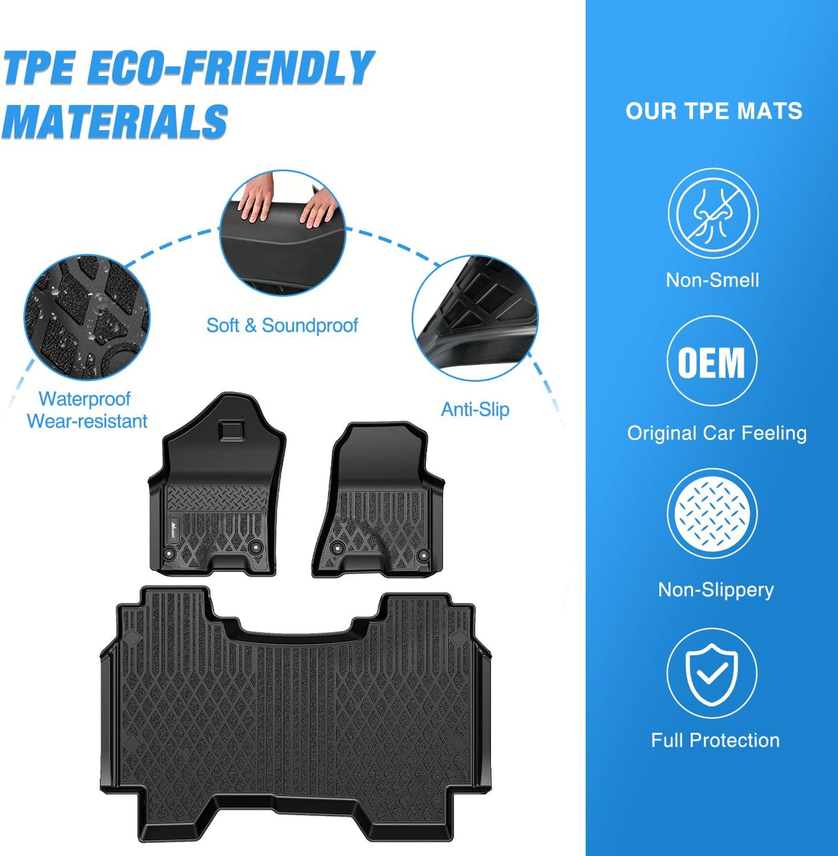 TPE Floor Mats for Dodge Ram 1500 Crew Cab New Body (Not Classic) 2019 2020 2021 2022 2023 2024 All Weather Custom Fit Heavy Duty Floor Liners
