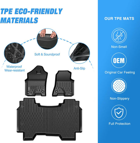 TPE Floor Mats for Dodge Ram 1500 Crew Cab New Body (Not Classic) 2019 2020 2021 2022 2023 2024 All Weather Custom Fit Heavy Duty Floor Liners