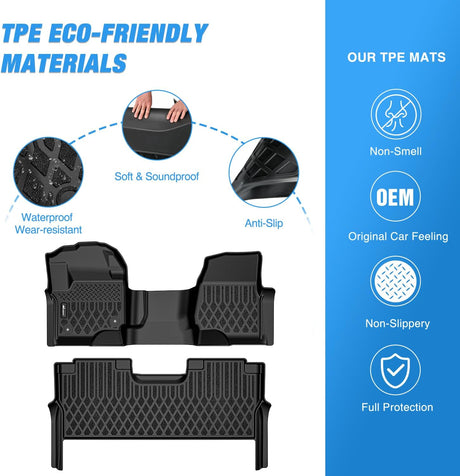 TPE Floor Mats for Ford F250 F350 F450 F550 Super Duty Crew Cab Bench Seat 2017 2018 2019 2020 2021 2022 2023 2024 2025 2026 All Weather Custom Fit Heavy Duty Floor Liners