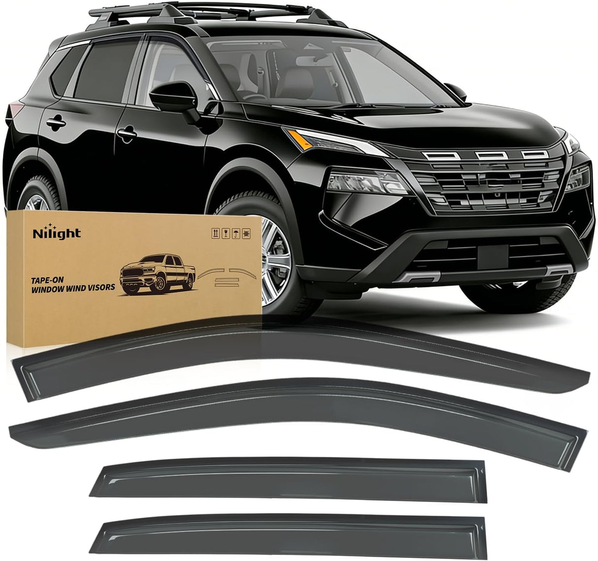 Window Visors for Nissan Rogue 2021 2022 2023 2024 2025 2026 | Tape-On Rain Guards Outside Mount Vent Visors Window Deflectors Smoke Tint, Not for Rogue Sport/Select-4PCS