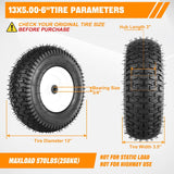 13x5.00-6 Lawn Mower Tires, 13 Inch Pneumatic Rubber Tire with 3/4 Inch Axle Bore & 3 Inch Hub Length, Air-Filled Replacement Wheels for Riding Lawn Mowers, 2 Pack