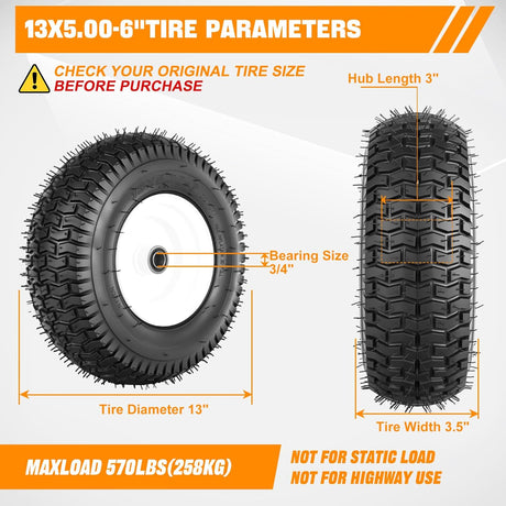 13x5.00-6 Lawn Mower Tires, 13 Inch Pneumatic Rubber Tire with 3/4 Inch Axle Bore & 3 Inch Hub Length, Air-Filled Replacement Wheels for Riding Lawn Mowers, 2 Pack