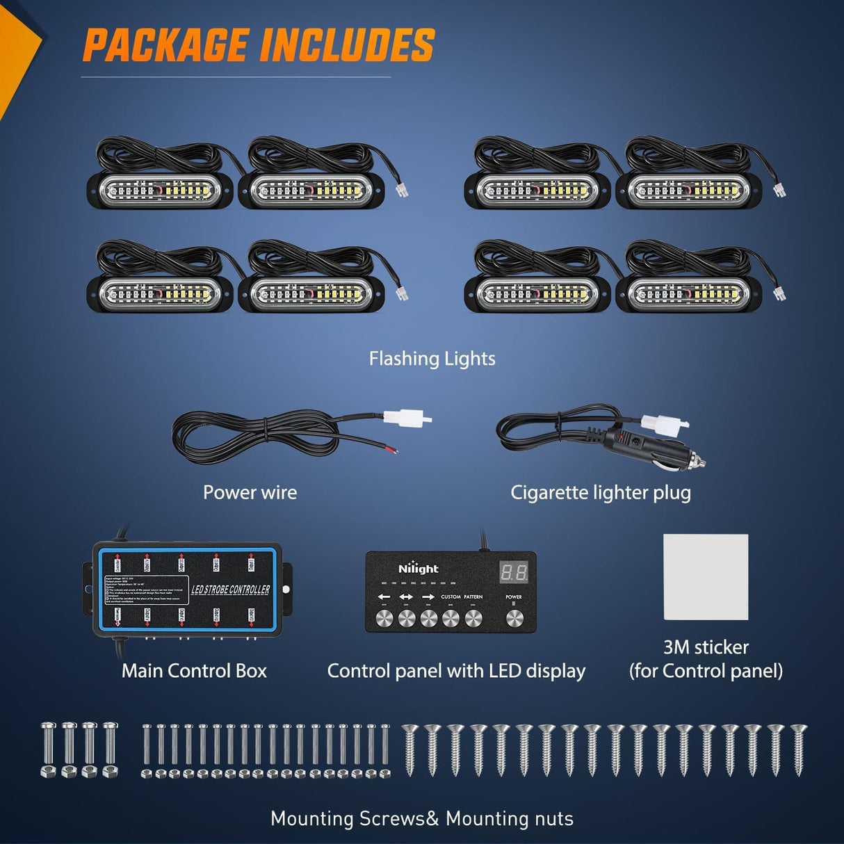 8PCS Led Strobe Lights with Controller 12V 24V Sync Feature Blue White Strobe Light 12 LED Surface Mount Emergency Hazard Warning Lights with Strobe Controller for Vehicle Car Truck RV ATV