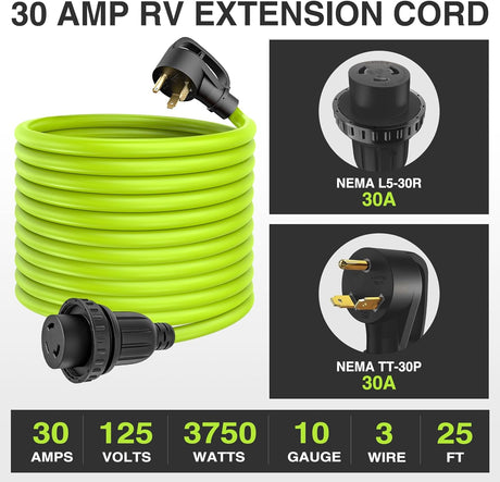 25FT 30 Amp RV Locking Extension Cord 125V Heavy Duty 10/3 Gauge Pure Copper STW Wire UL ETL Listed 3 Prong TT-30P L5-30R Weatherproof Suit for Camper Caravan Trailer Bright Green