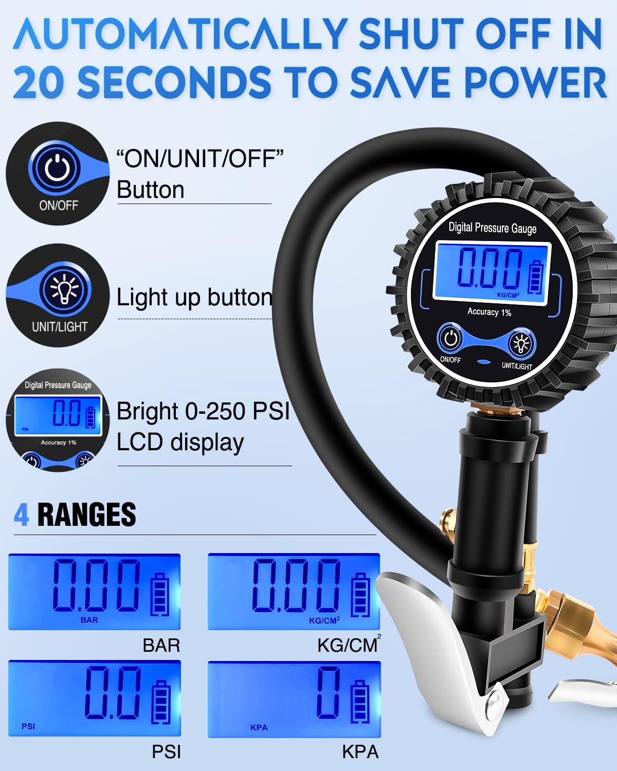Tire Inflator with Digital Pressure Gauge 250PSI Heavy Duty | Air Chuck Compressor Attachments with Rubber Hose & Quick Connect Coupler 0.1 Display Resolution for Car Truck SUV RV