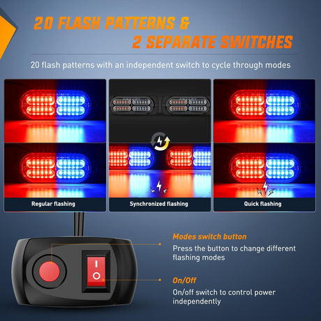 4PCS LED Strobe lights 12V 24V Sync Feature Red Blue 24LED Emergency Hazard Warning Lights with Controller Hard Wire or Cigarette Lighter Plug for Car Truck RVs Campers
