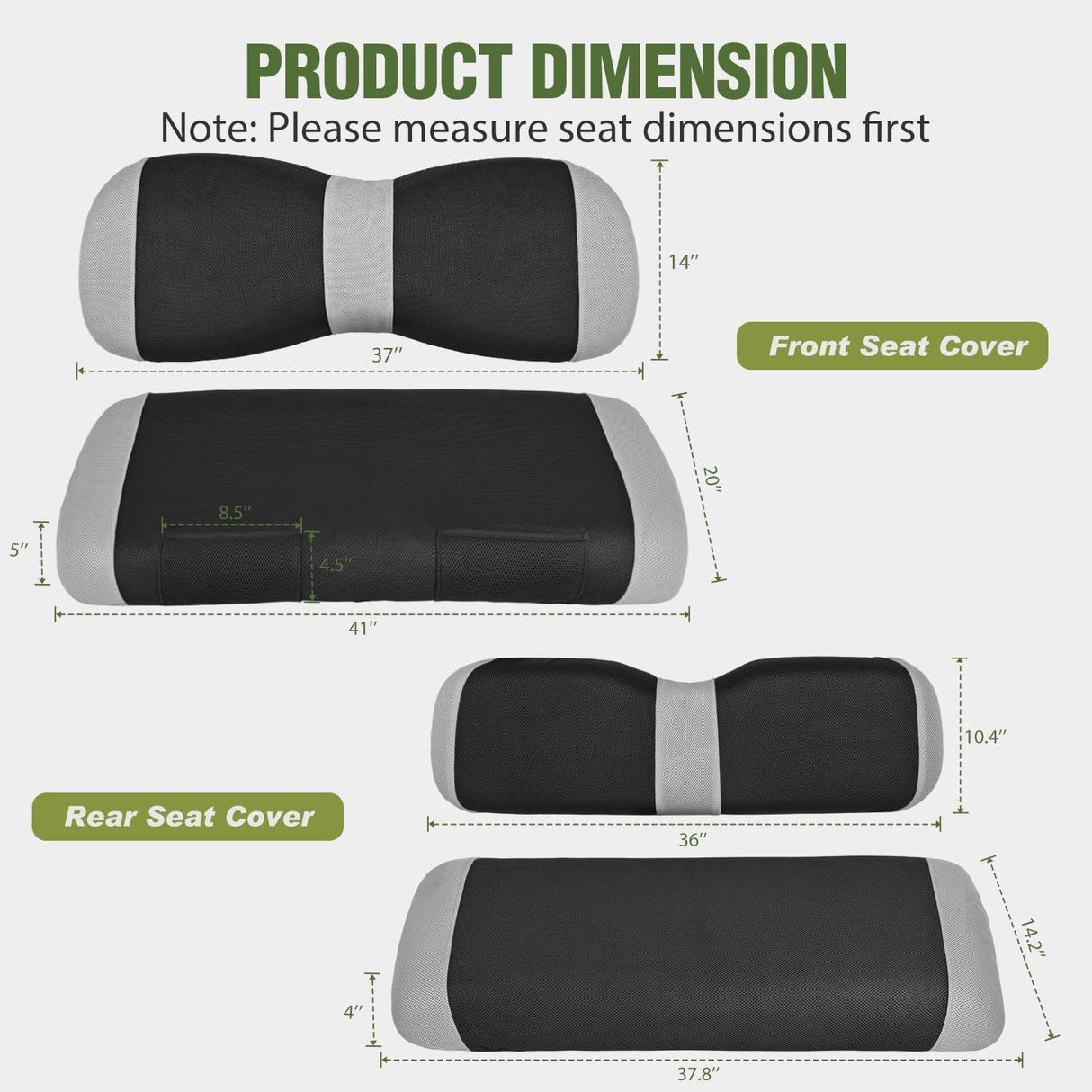 Golf Cart Seat Covers 2PCS Grey Black Yamaha Club Car Precedent | Breathable Sun Scratch Resistant Washable No Staple Fits 2007-2016 Yamaha G29 2017-2026 Drive2 2004-2019 Club Car Precedent