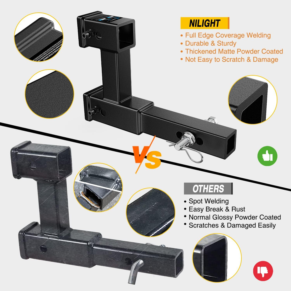 Dual Hitch Extender to 10 Inch Max Extension Length with Hitchs Tightener Anti Rattle for 2 Inch Receiver with 5/8 Inch Bolt Nut Clip Adjust 7-1/2 Inch Riser or Drop 4,000 lbs GTW Matte Black