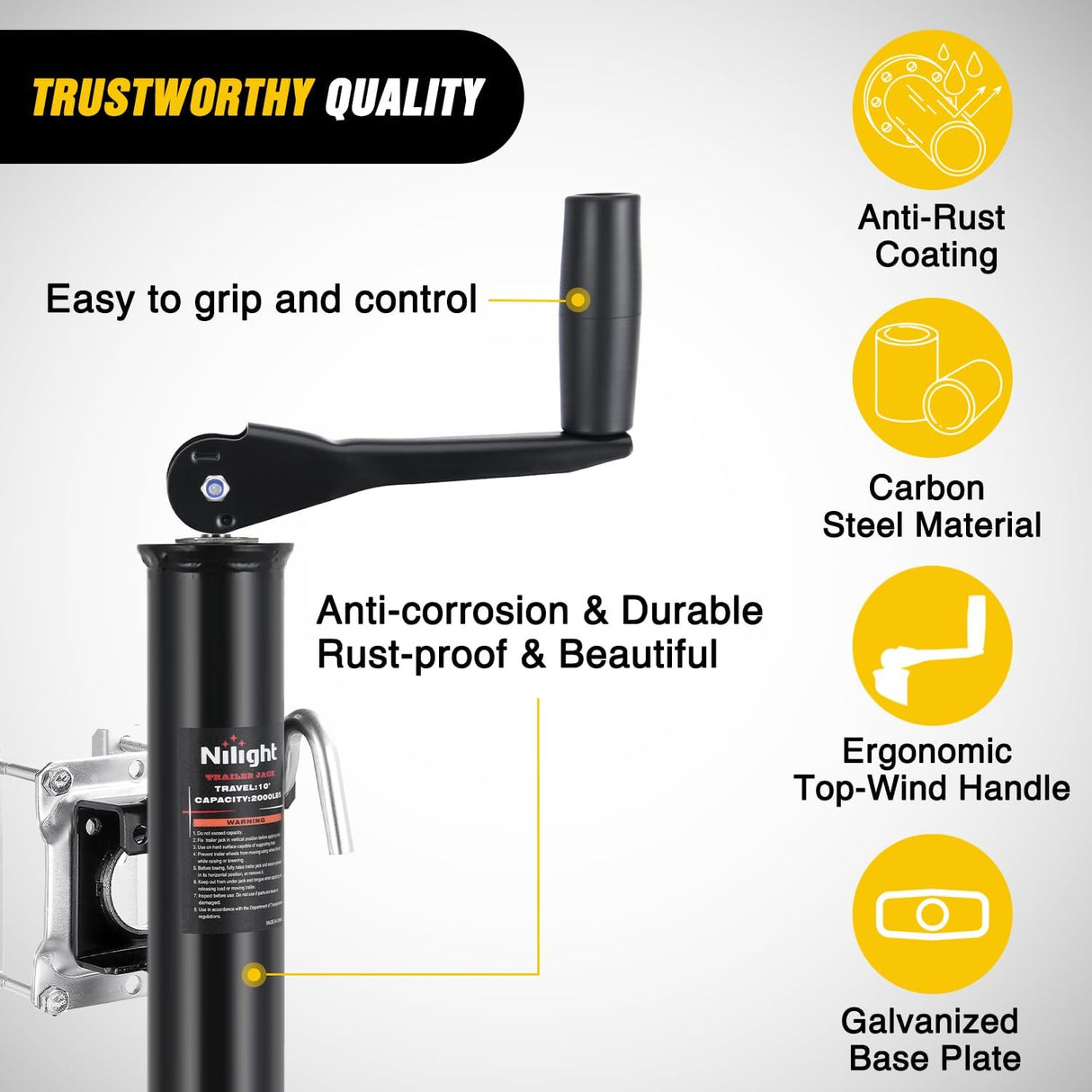 Trailer Jack 2000LBS Heavy Duty Swivel Bolt-On Trailer Jack 10 Inch Vertical Travel Alloy Steel Utility Trailers Tongue Jack Stand for RV Boat Horse Trailers Camper Utility Yacht Matt Black